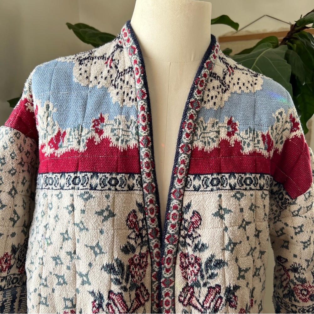 Boho Floral Knit Open Cardigan Jacket in Cream, Blue & Red